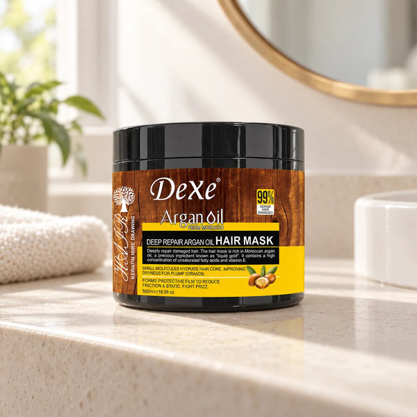 Dexe Deep Repair Argan Oil Hair Mask for Damaged Hair on a bathroom vanity.