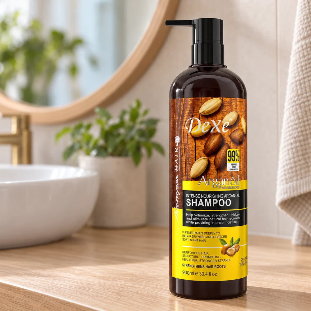 Dexe Intense Nourishing Argan Oil Shampoo — 900 ml on a bathroom vanity.