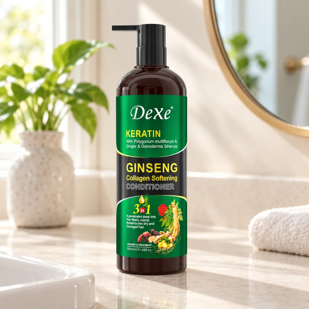 Dexe Keratin Ginseng Collagen Repair Conditioner — 900 ml on a bathroom vanity.