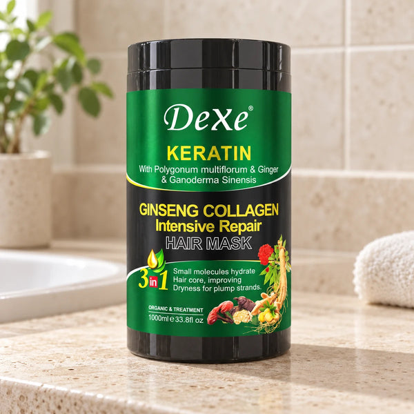Dexe Keratin Ginseng Collagen Repair Hair Mask — 1000 ml on a bathroom vanity.