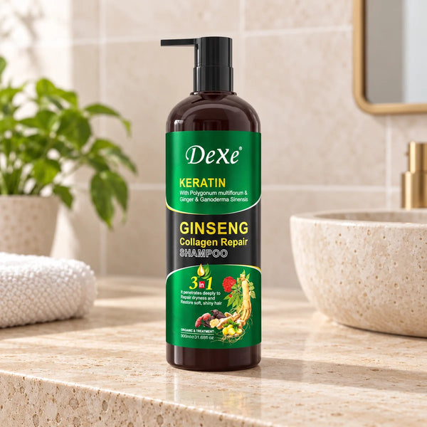Dexe Keratin Ginseng Collagen Repair Shampoo — 900 ml on a bathroom vanity.