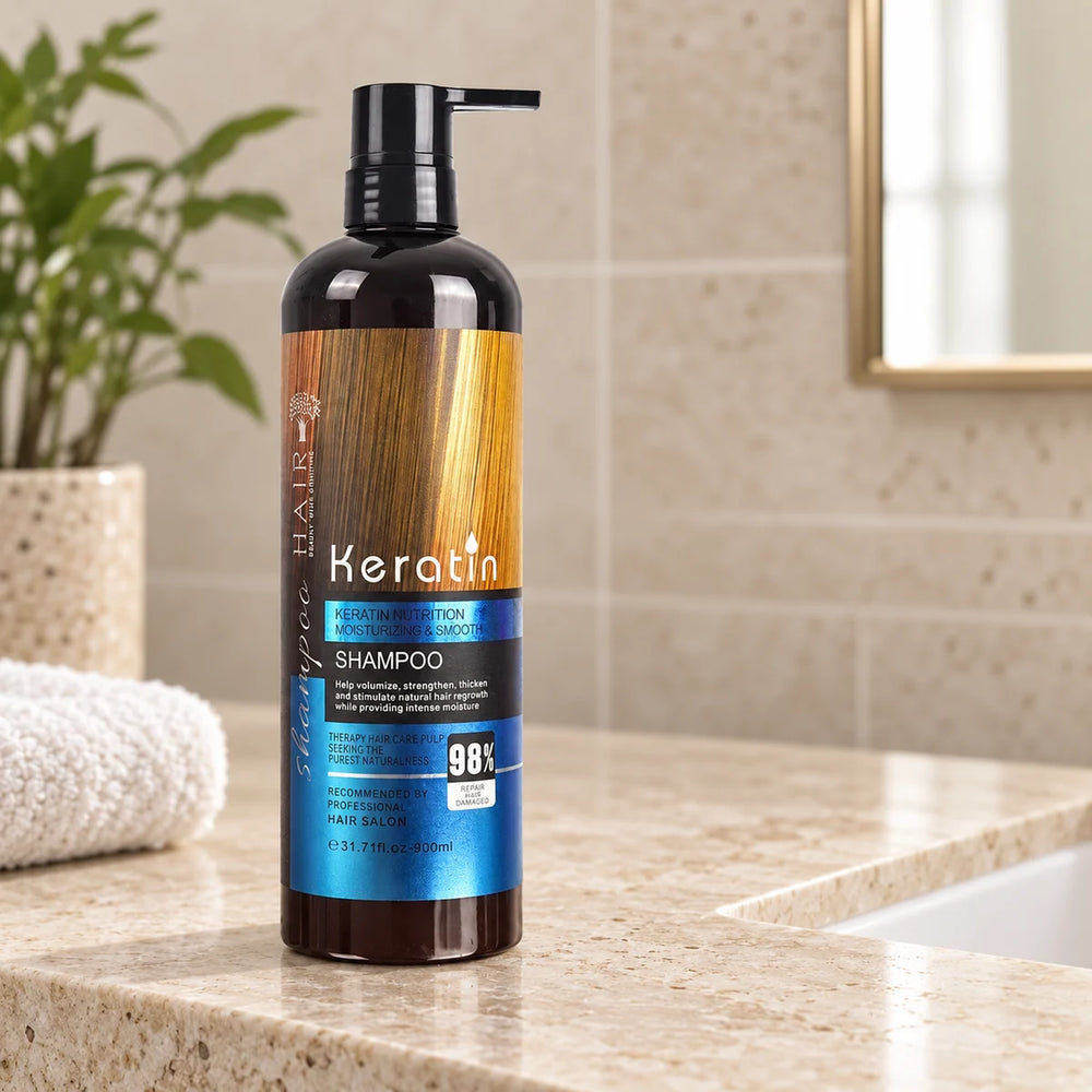 Dexe Keratin Nutrient Repair Shampoo — 900 ml on a bathroom vanity.