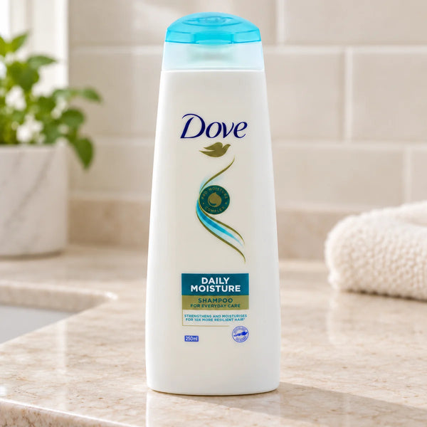 Dove Daily Moisture Shampoo — 250 ml on a bathroom vanity.