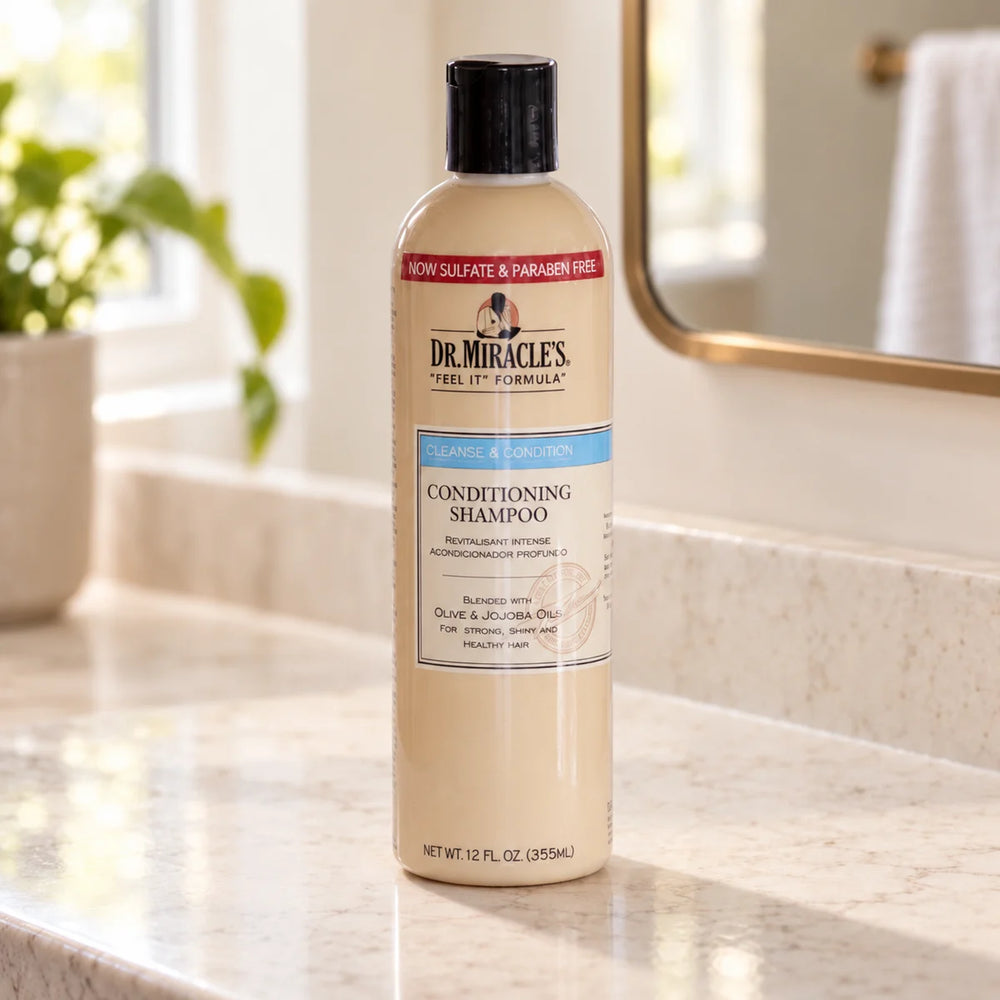 Dr. Miracle's 2 in 1 Conditioning Shampoo — 12 Oz on a bathroom vanity.