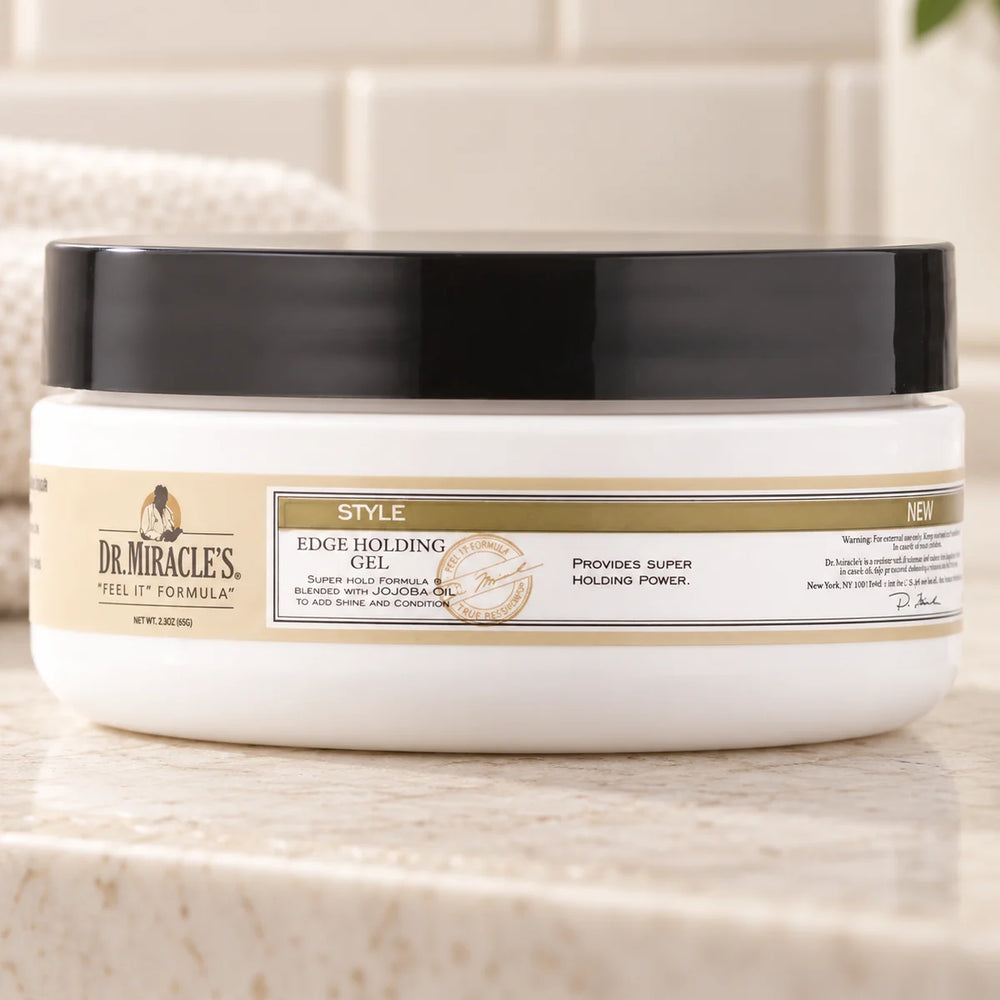 Dr. Miracle's Style Edge Holding Gel Strong Hold & Frizz Control for Sleek Edges & Healthy Hairlines — 65 g on a bathroom vanity.