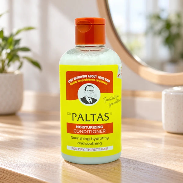 Dr. Paltas Moisturizing Conditioner Deeply Hydrating for Dry, Damaged, or Frizzy Hair — 250 ml on a bathroom vanity.