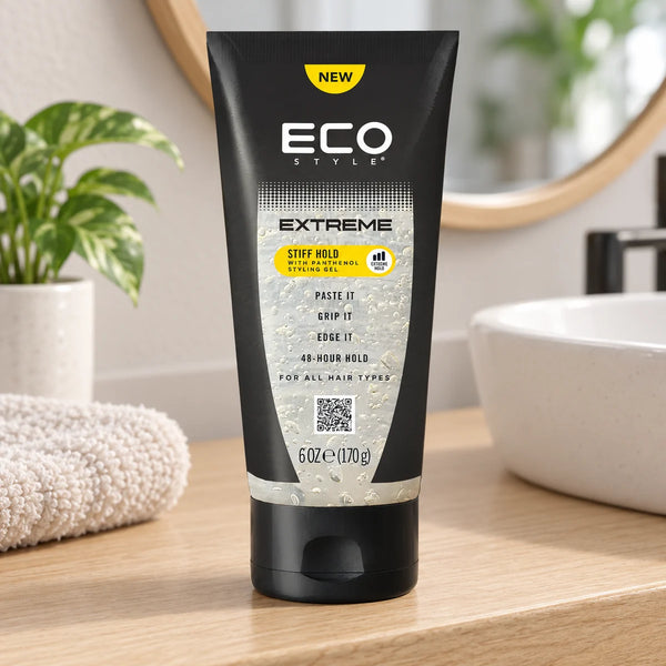 Eco Styler Extreme Stiff Hold Styling Gel — 170 g on a bathroom vanity.