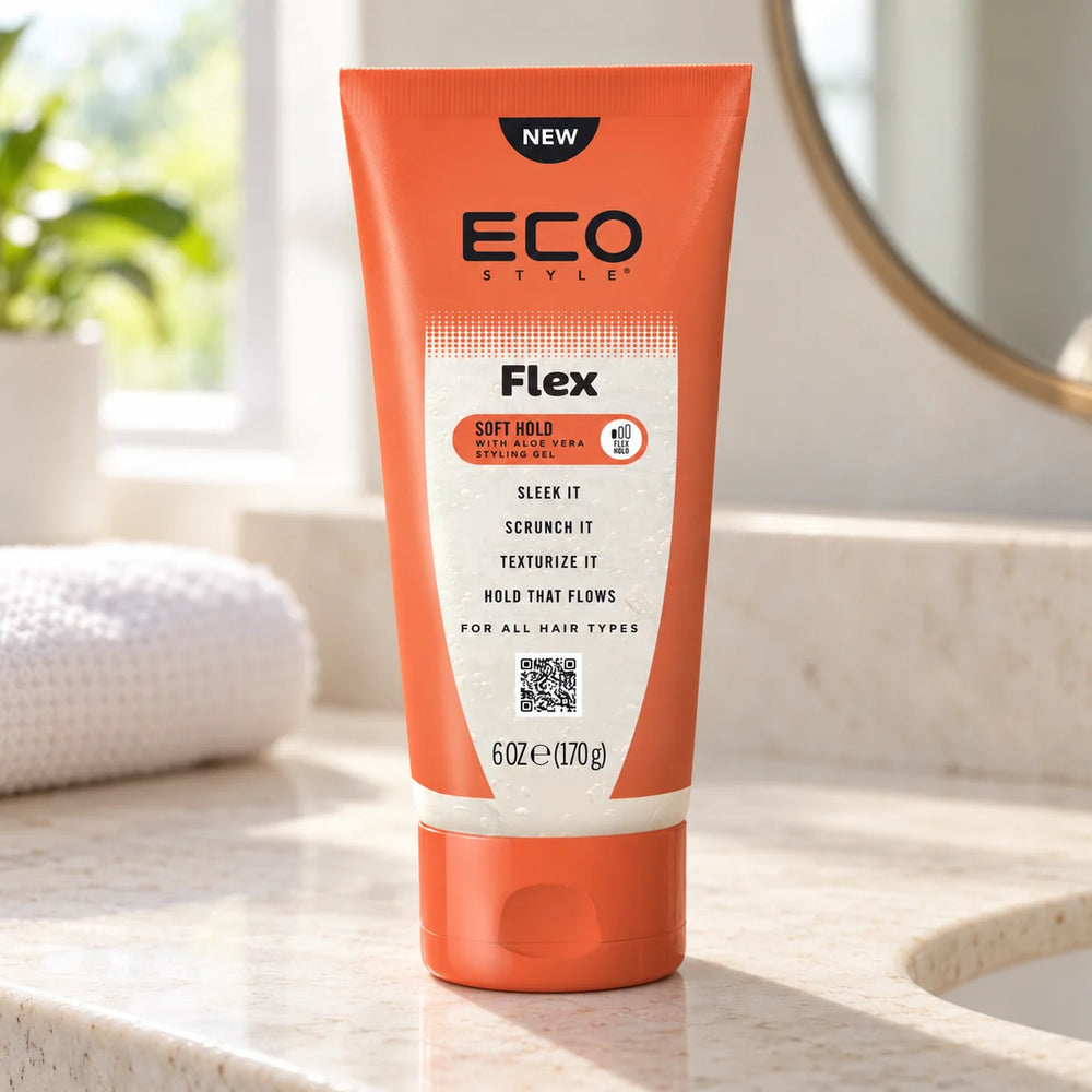 Eco Styler Flex Soft Hold Styling Gel with Aloe — 170 g on a bathroom vanity.