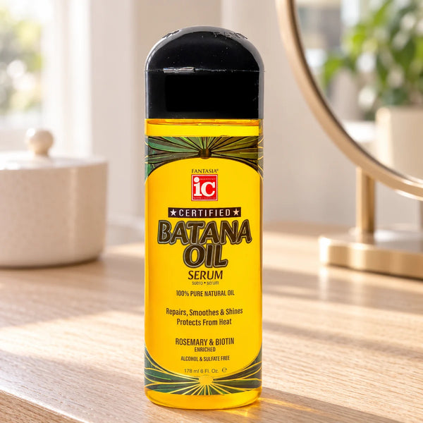 Fantasia IC Batana Oil Serum — 178 ml on a bathroom vanity.