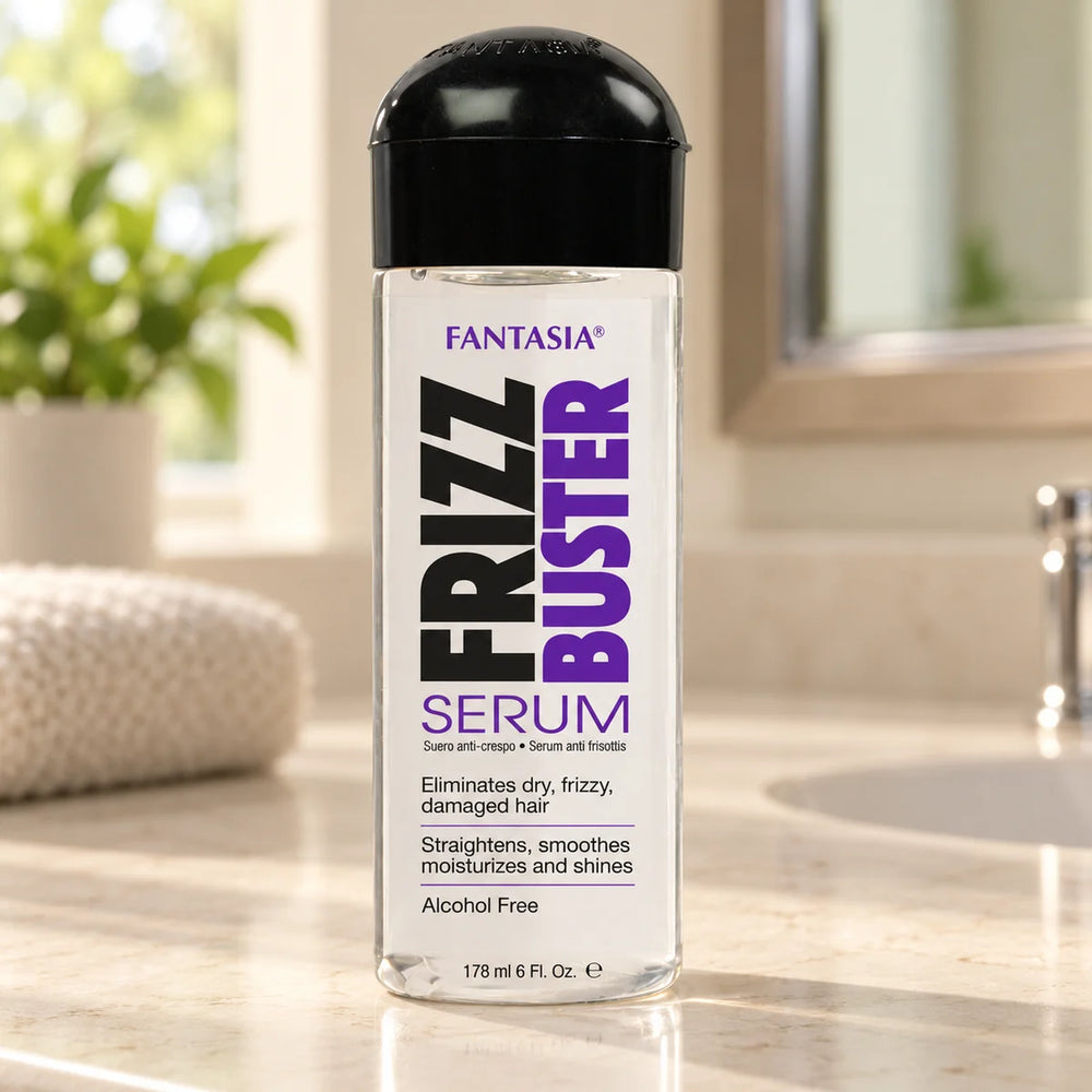 Fantasia IC Frizz Buster Serum for Frizz Control & Shine — 178 ml on a bathroom vanity.