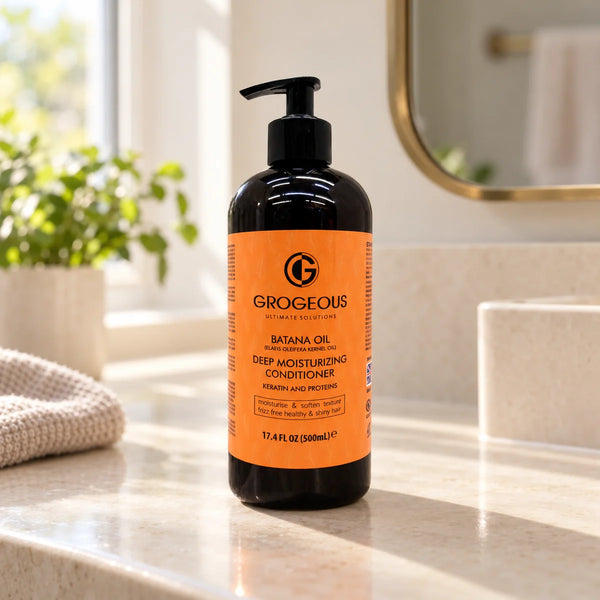Grogeous Batana Oil Deep Moisturizing Conditioner Softness & Frizz Control — 500 ml on a bathroom vanity.