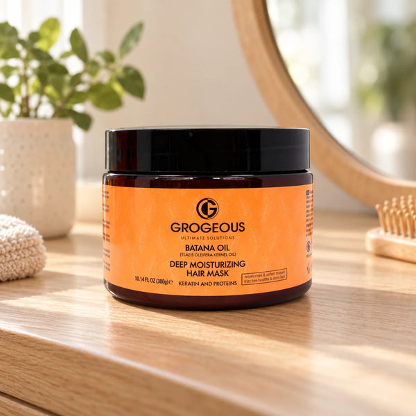 Grogeous Batana Oil Deep Moisturizing Hair Mask Intense Moisture & Smoother Hair — 300 g on a bathroom vanity or dressing table.