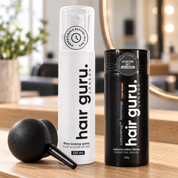 Hair Guru starter set with fibre bottle, locking spray and pump on a salon worktop.