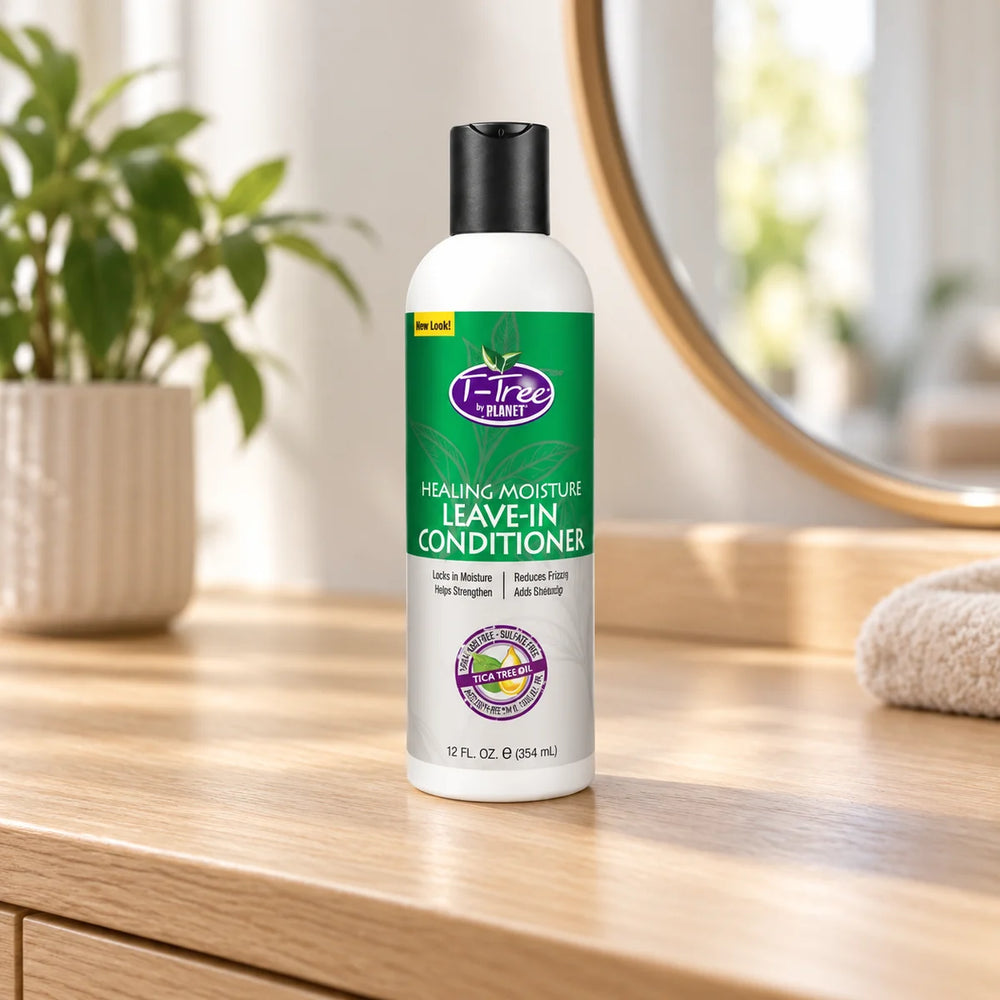 I-tree Healing Moisture Leave-In Conditioner for Ultimate Hydration & Frizz Control for Dry, Damaged Hair — 354 ml on a bathroom vanity.