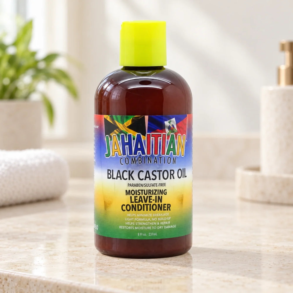 Jahaitian Combination Black Castor Oil Leave-in Conditioner — 237 ml on a bathroom vanity or dressing table.