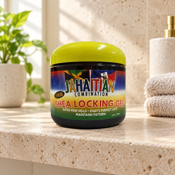 Jahaitian Combination Shea Locking Gel - Strong Hold & Moisture for Locs, Twists & Braids — 174 ml on a bathroom vanity or dressing table.