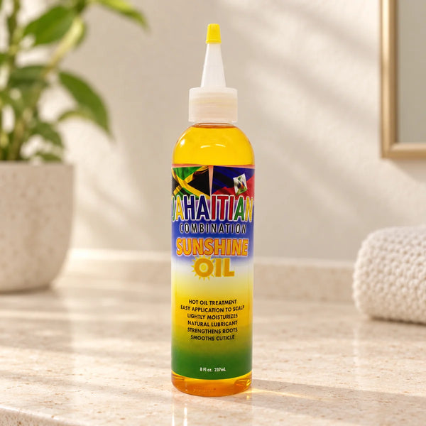 Jahaitian Combination Sunshine Oil Nourishing Hair & Scalp Oil for All Hair Types — 237 ml on a bathroom vanity or dressing table.