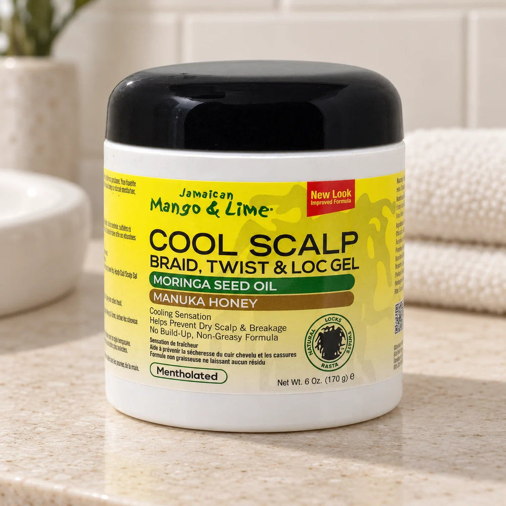 Jamaican Mango & Lime Cool Scalp Braid, Twist & Loc Gel — 6 oz on a bathroom vanity.