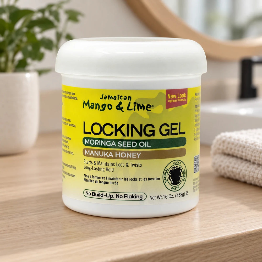 Jamaican Mango & Lime Locking Gel — 16 oz on a bathroom vanity.
