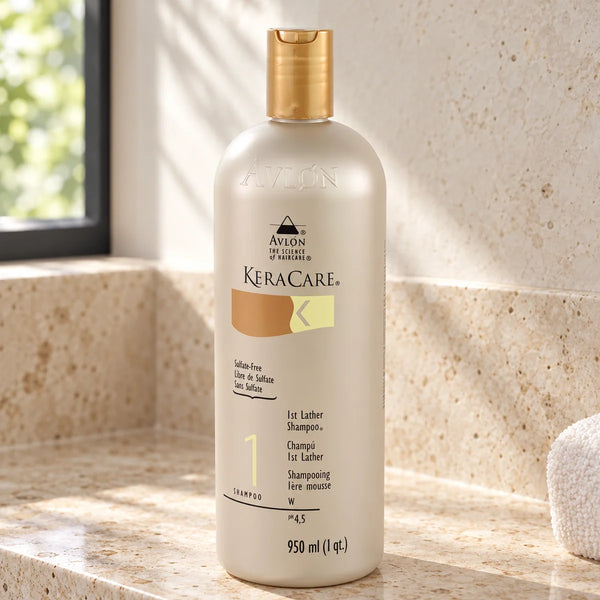 Keracare 1st Lather Shampoo — 950 ml on a bathroom vanity.