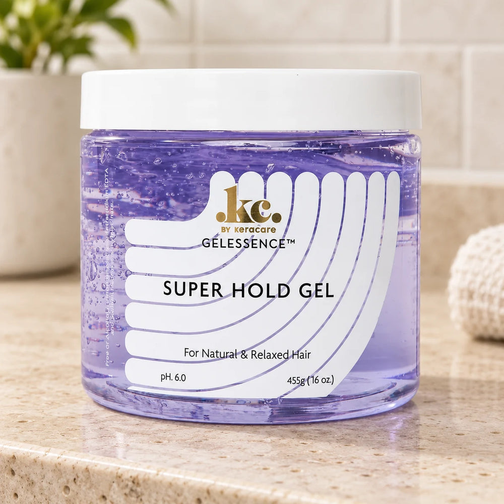 Keracare Gel Essence Super Hold Gel — 455 g on a bathroom vanity.