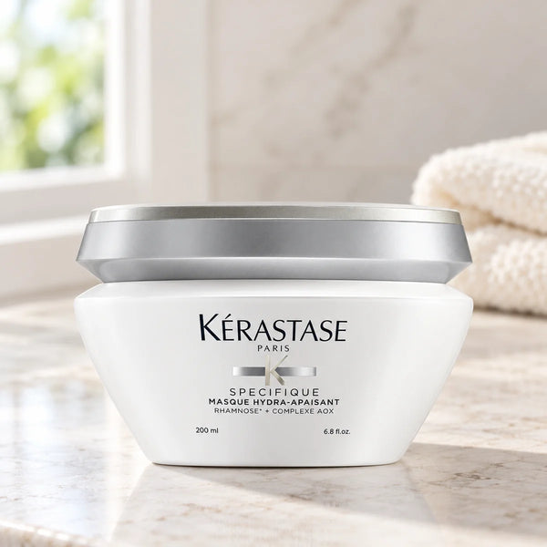 Kerastase Masque Hydra-Apaisant Soothing & Hydrating Scalp Mask for Sensitive Scalps — 200 ml on a bathroom vanity or dressing table.