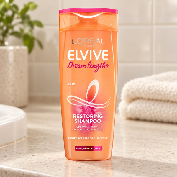 L'Oréal Elvive Dream Lengths Shampoo for Soft, Detangled Long Hair — 400 ml on a bathroom vanity.