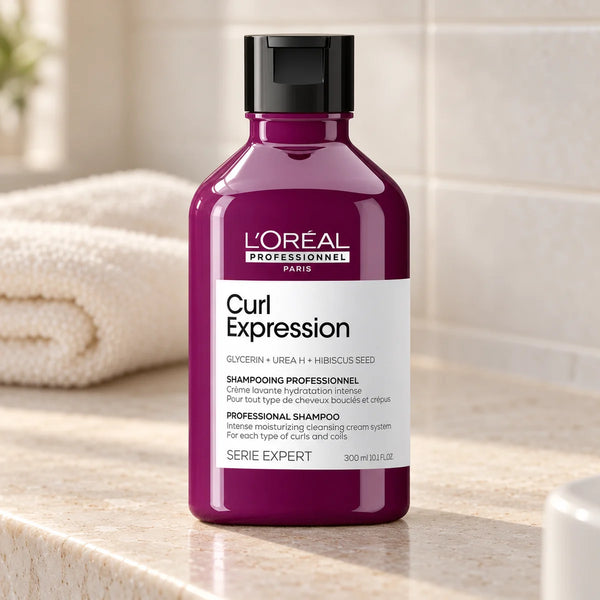 L'Oréal Professionnel Serié Expert Curl Expression Shampoo for Intense — 300 ml on a bathroom vanity.