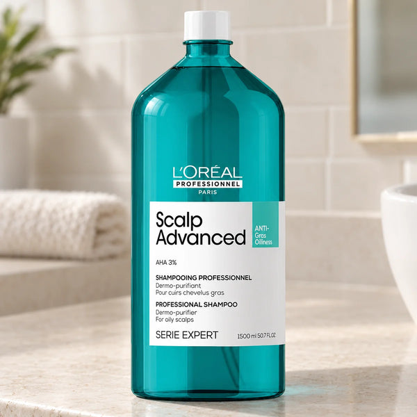 L'Oréal Professionnel Serié Expert Scalp Advanced Anti-Oiliness Dermo-Purifier Shampoo for Oily Scalps — 1500 ml on a bathroom vanity.