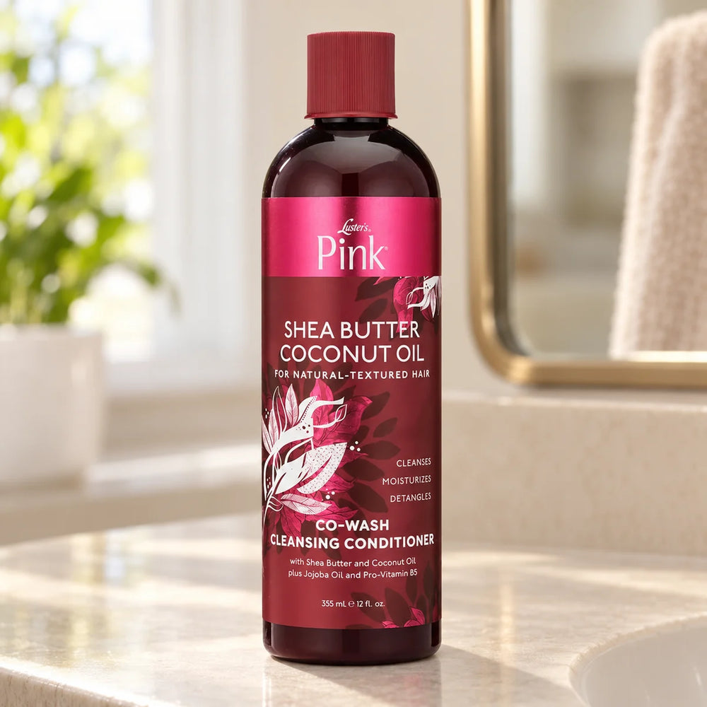 Luster's Pink Co-Wash Cleansing Conditioner — 12 oz on a bathroom vanity.