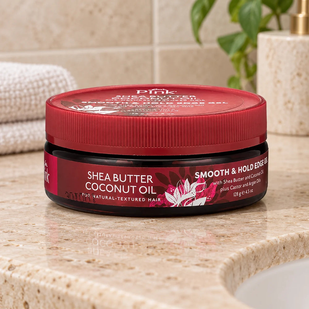 Luster's Pink Smooth & Hold Edge Gel — 4.5 oz on a bathroom vanity.