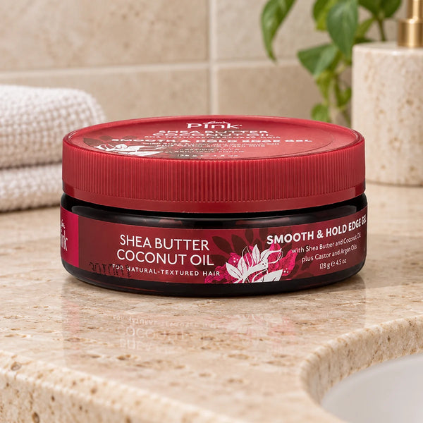 Luster's Pink Smooth & Hold Edge Gel — 4.5 oz on a bathroom vanity.