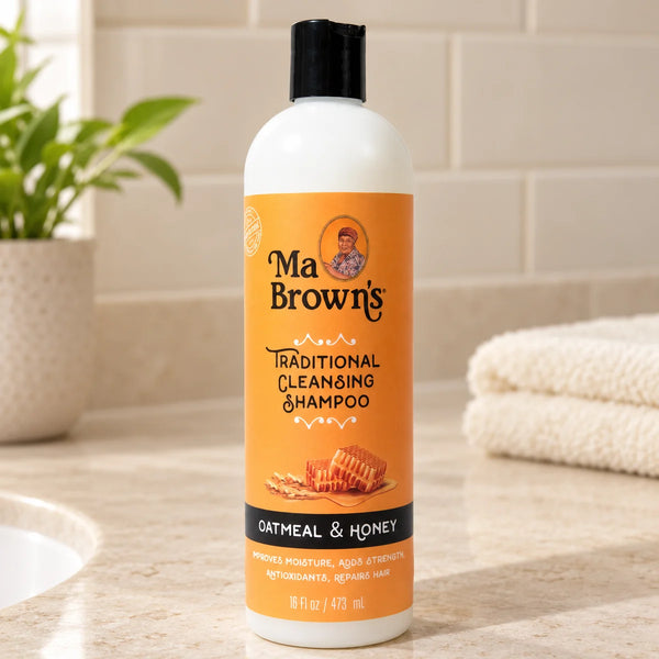 Ma Brown's Traditional Creamy Shampoo: Deeply Hydrating & — 16 oz on a bathroom vanity.