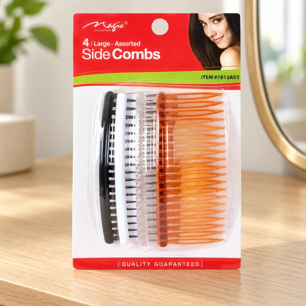 Magic Collection 4 Large Side Combs - Secure & Stylish Hair Hold for All Hair Types (no.7612AST) on a bathroom vanity or dressing table.