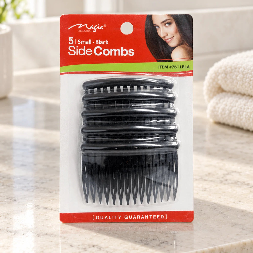 Magic Collection 5 Small Side Combs: Secure & Discreet Hold for Everyday Styling on a bathroom vanity or dressing table.
