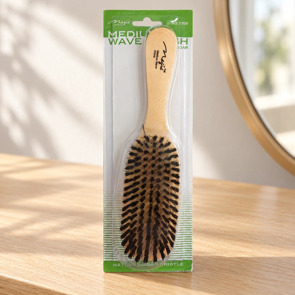 Magic Collection Medium Wave Brush (No.7709) Achieve Deep 360 Waves for Waving Enthusiasts on a bathroom vanity or dressing table.