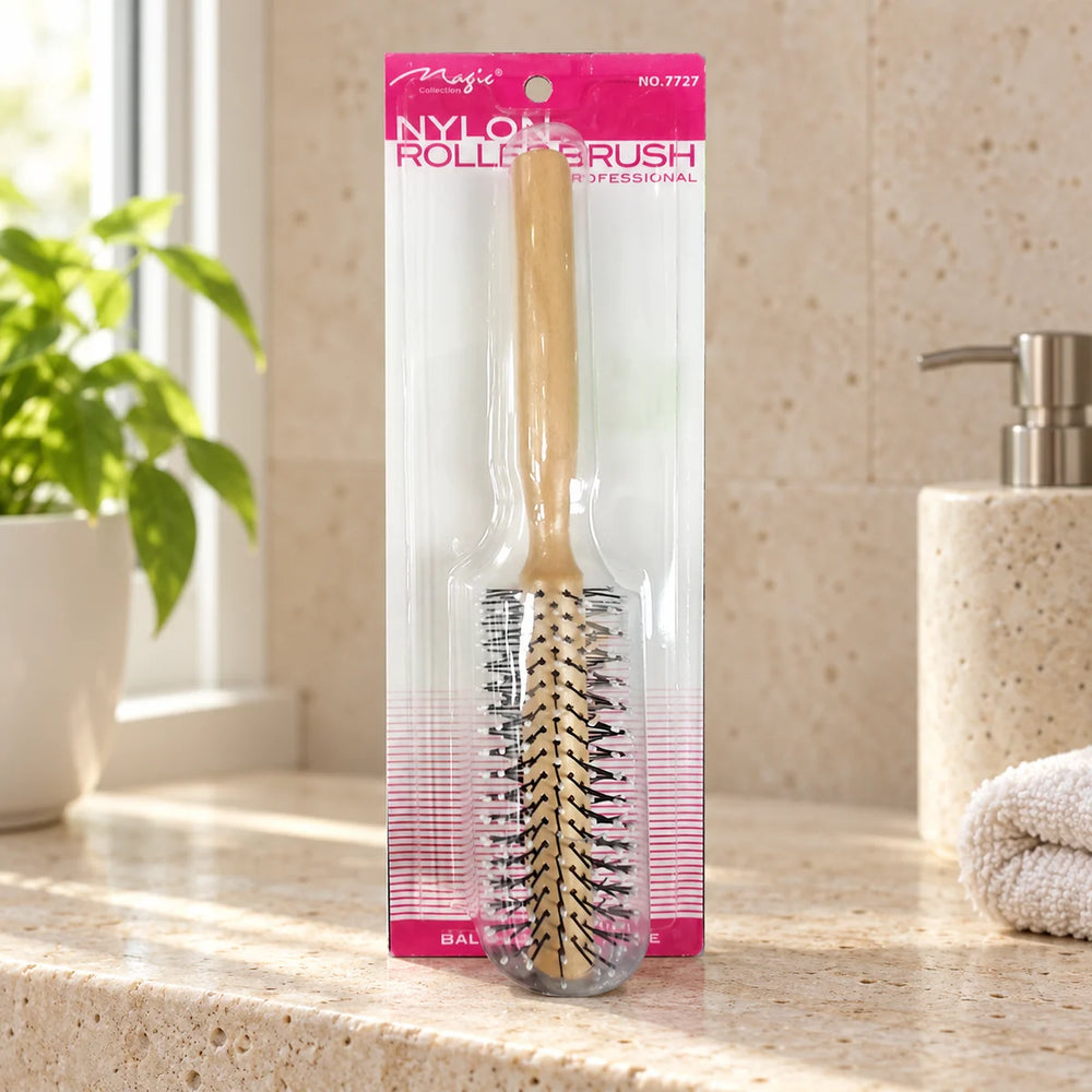 Magic Collection Nylon Roller Brush (No.7727) for Voluminous, Smooth Hair & Professional Styling on a bathroom vanity or dressing table.