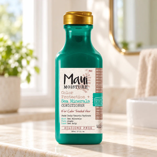 Maui Moisture Color Protection + Sea Minerals Conditioner — 385 ml on a bathroom vanity.