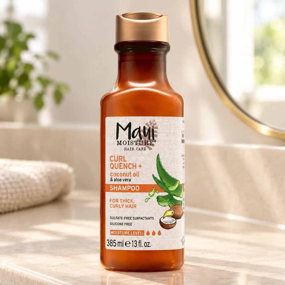 Maui Moisture Curl Quench + Coconut Oil Shampoo — 385 ml on a bathroom vanity.