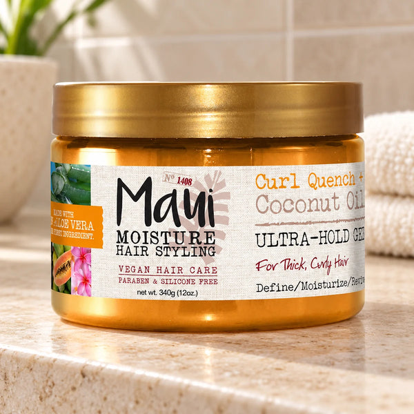 Maui Moisture Curl Quench + Coconut Oil Ultra-Hold Gel — 340 g on a bathroom vanity.