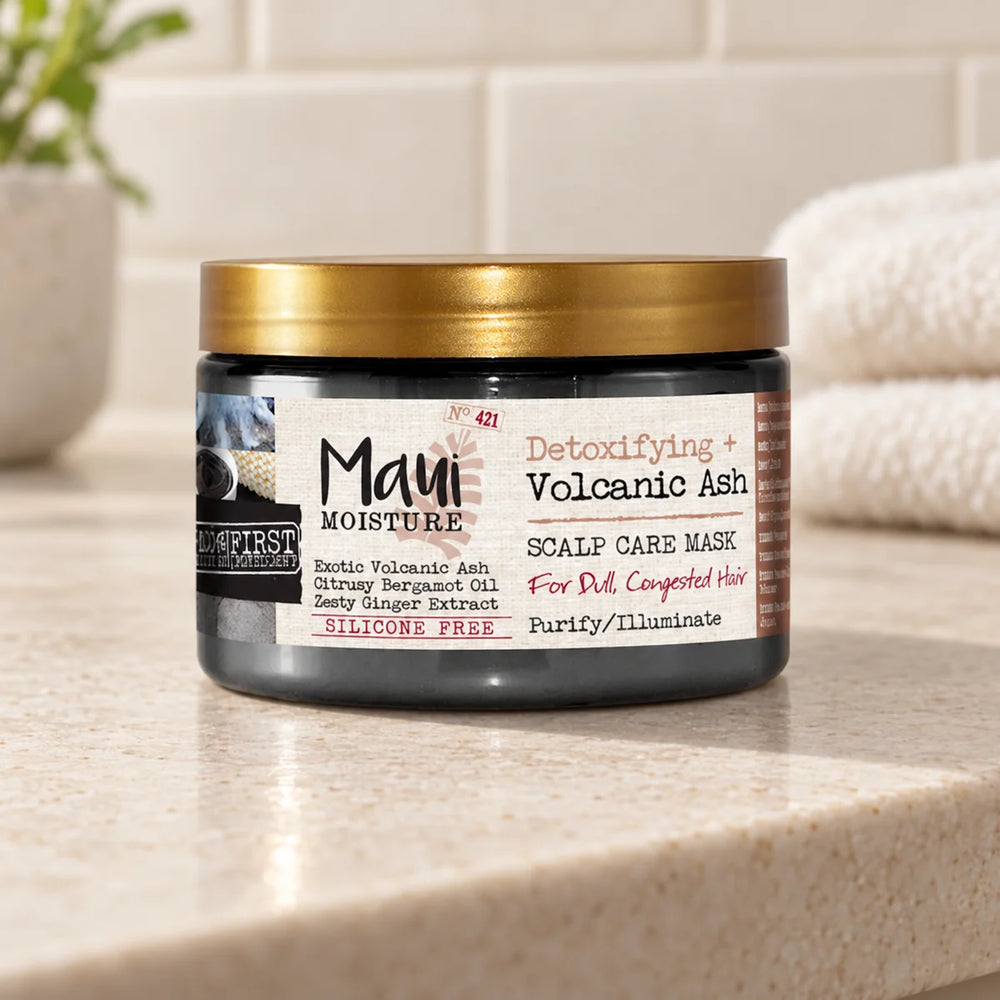 Maui Moisture Detoxifying + Volcanic Ash Scalp Care Mask Refreshing Hydration for Dull Hair — 340 g on a bathroom vanity.