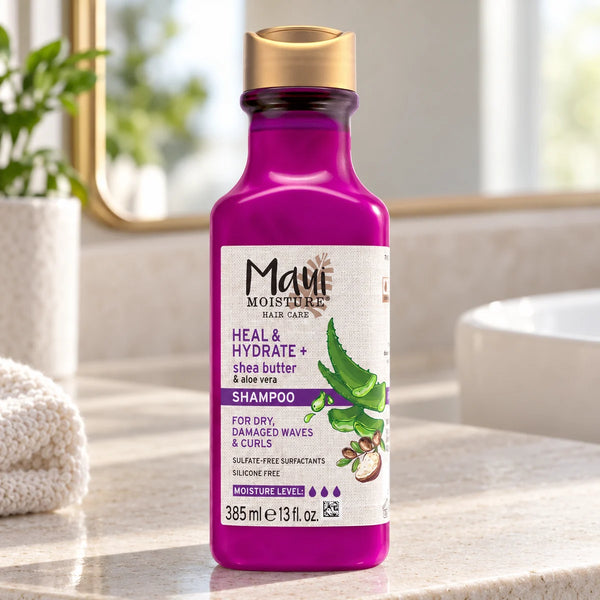 Maui Moisture Hydrate + Shea Butter Shampoo — 385 ml on a bathroom vanity.