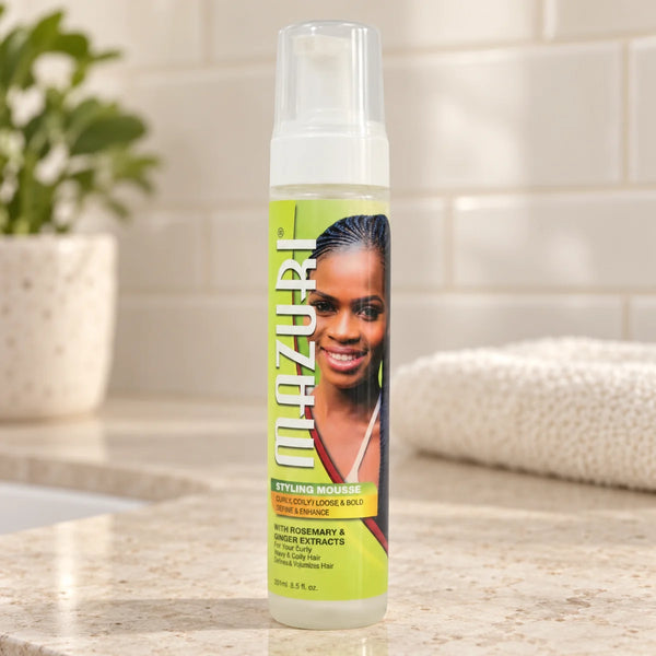 Mazuri Styling Mousse Define & Nourish for Natural & Curly Hair — 251 ml on a bathroom vanity.