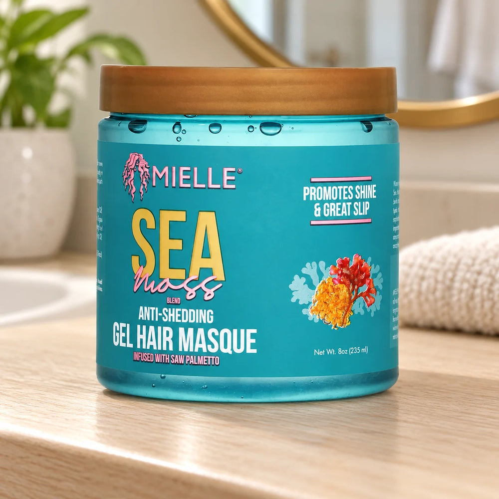 Mielle Sea Moss Gel Hair mask — 8 oz on a bathroom vanity.