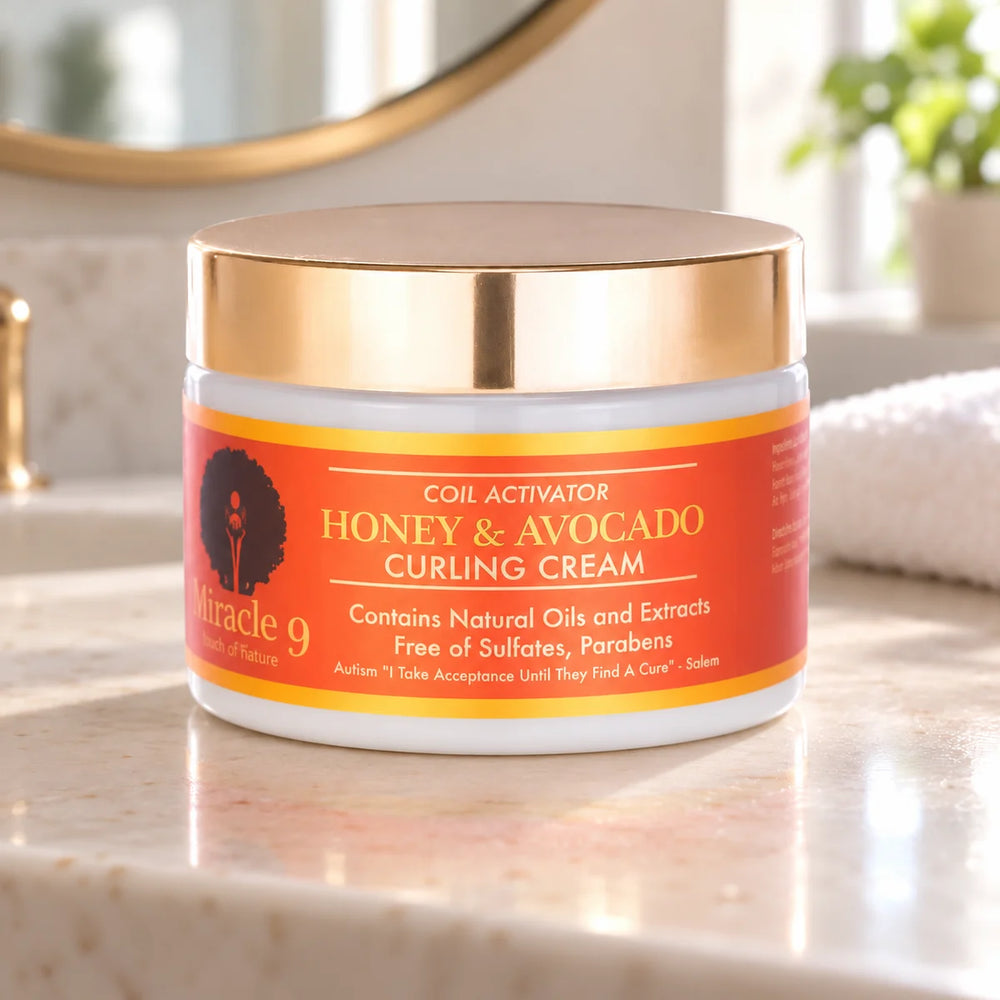 Miracle 9 Coil Activator Honey & Avocado Curling Cream — 340 ml on a bathroom vanity.