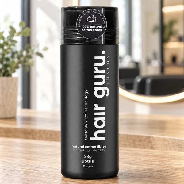 Hair Guru 28g hair-fibres bottle on a salon worktop.