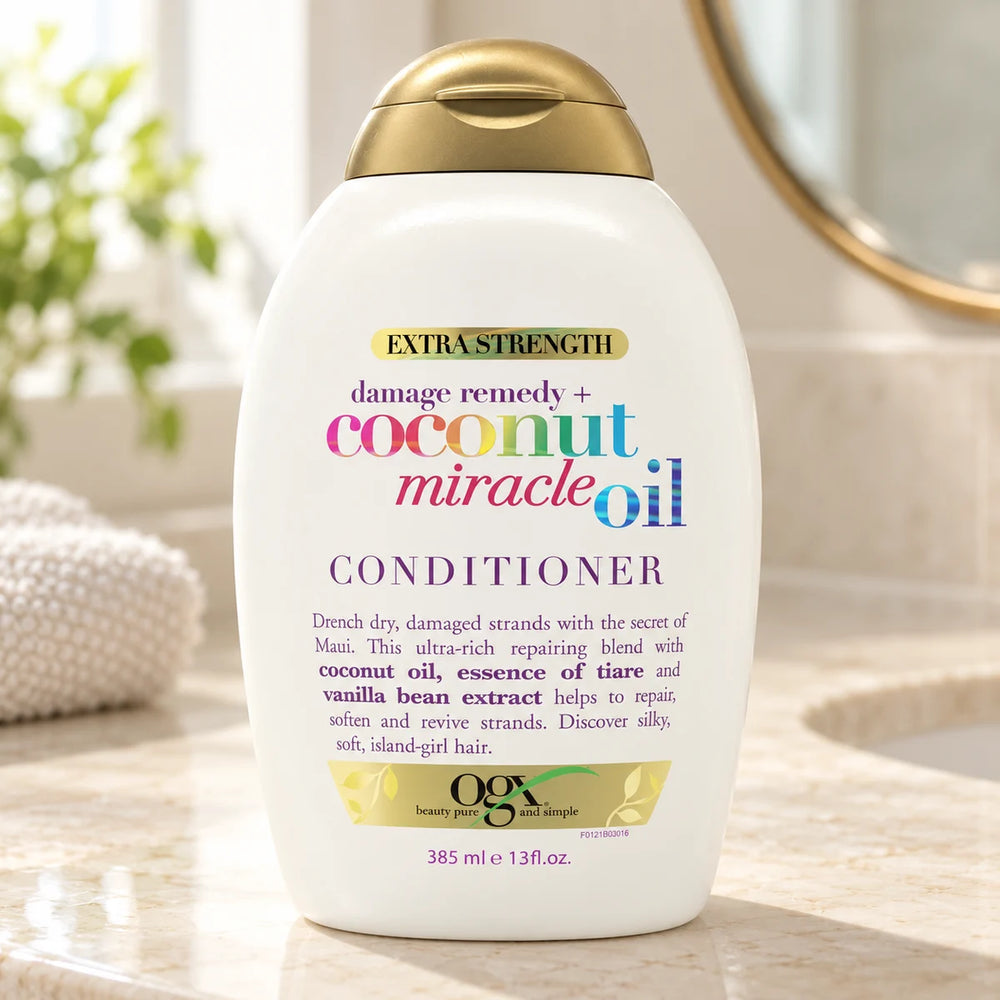 OGX Coconut Miracle Oil Conditioner — 13 oz on a bathroom vanity.