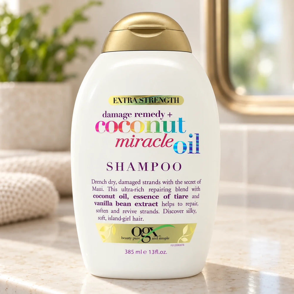 OGX Coconut Miracle Oil Shampoo — 13 oz on a bathroom vanity.