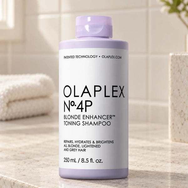 Olaplex No.4P Blonde Enhancer Toning Shampoo — 8.5 oz on a bathroom vanity.