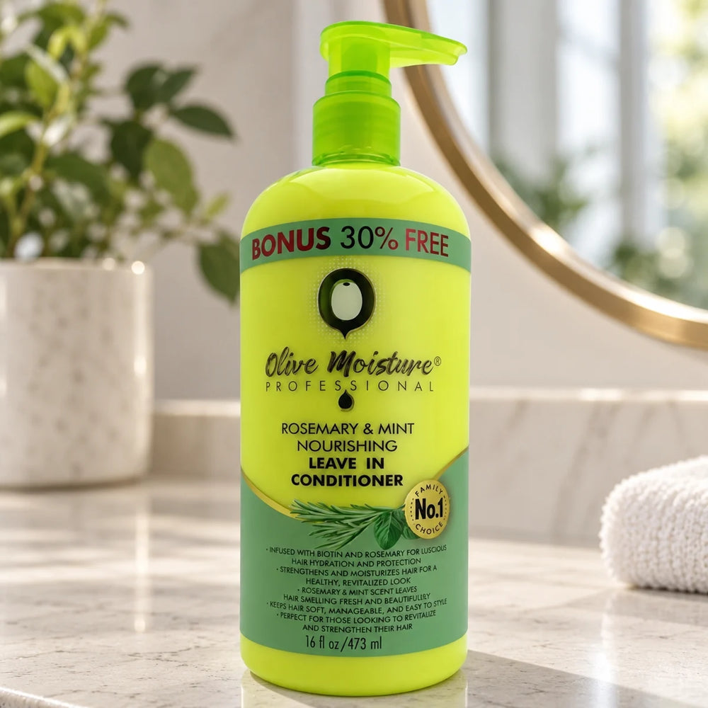 Olive Moisture Rosemary & Mint Nourishing Leave-In Conditioner for Hydrated, Stronger Hair — 16 oz on a bathroom vanity.